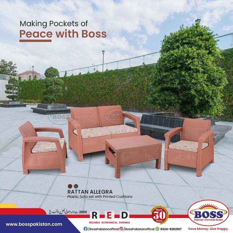 Boss Newly Designed Rattan Allegra Plastic Sofa Set with Printed Cushions